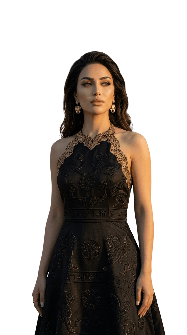 Leilara AI couturier wearing the Mihrab in silk couture look for S/S 26